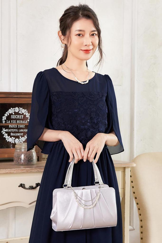 Hanmall Blue Chiffon Party Formal Lace Round Perfect for and Special LON516 Dress, Dress, Embroidered, Flared, 3/4 Sleeves, Neck, Weddings,