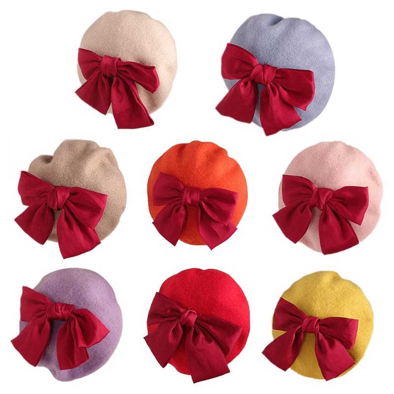 Fashion Red Bowknot Beret Elegant Octagonal Hat Wild Painter Hat Daughter Gifts for Casual Birthday Festival Gathering