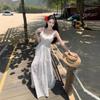 Sanya niche romantic ruffle edge embroidered dress French holiday style backless split fairy long dress