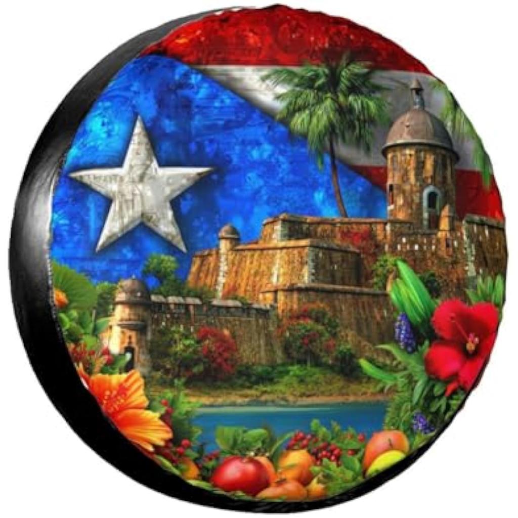 Puerto Rico Flag Castle Spare Tire Cover Waterproof Polyester Protector for RV SUV Truck Trailer