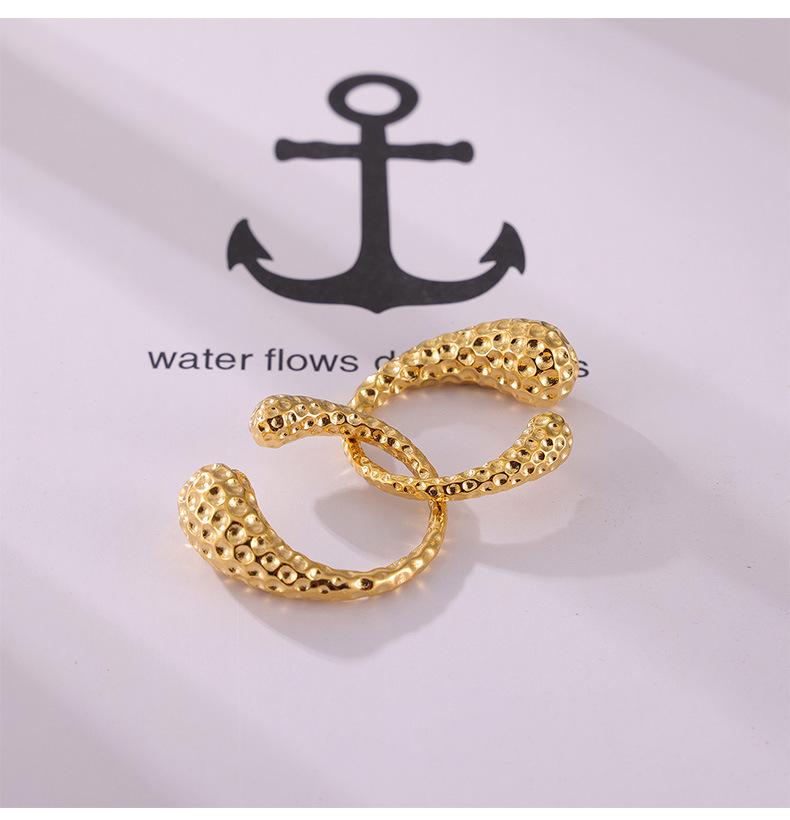 European & American Large Titanium Steel Water Drop Ring, 18K Gold Plated, Hammered Texture, Asymmetrical Open Design