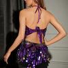 Women's Belly Dance Costume Set Sequined Crop Top with Tassel Hip Scarf and Coin Waist Chain for Stage Performance Dancewear
