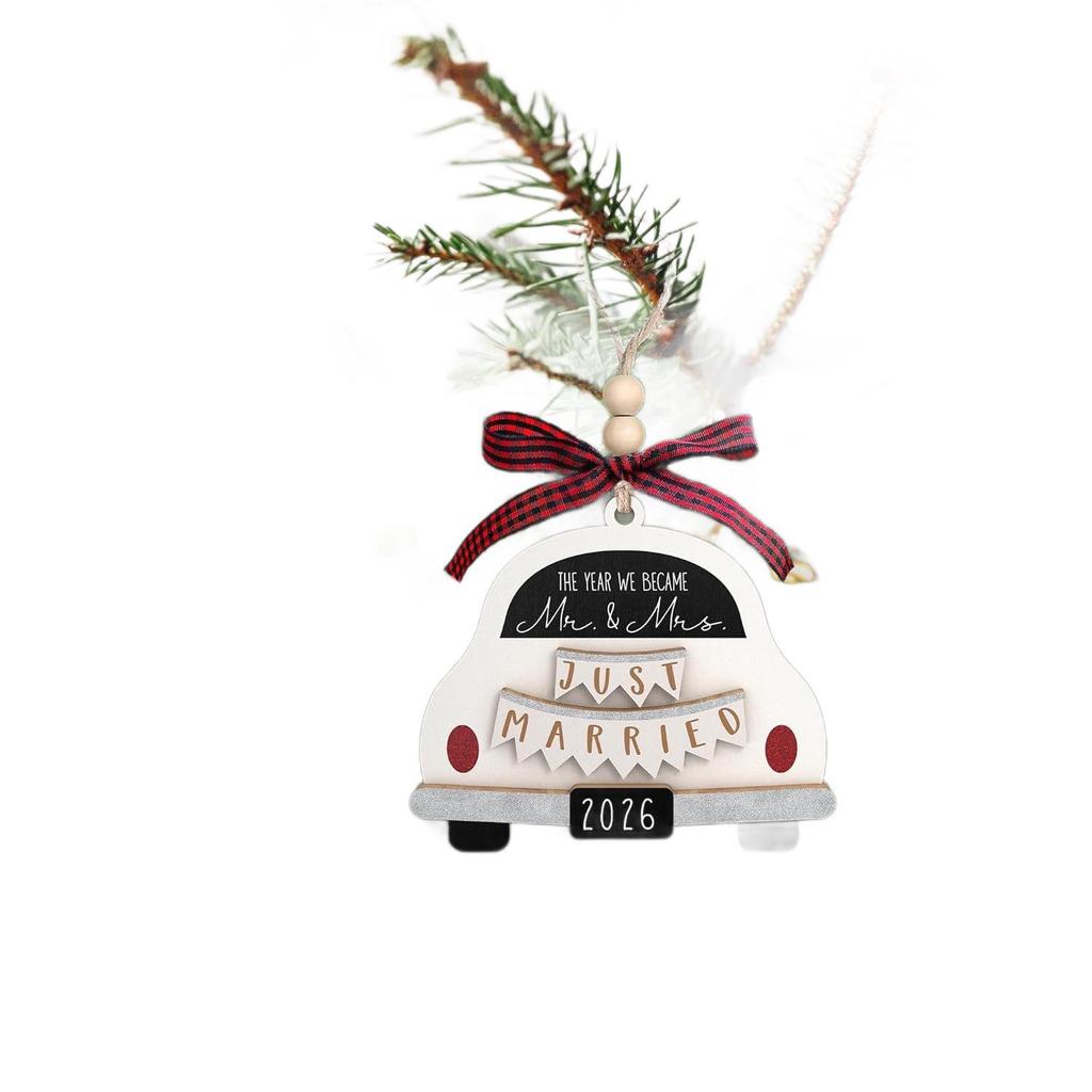 2026 Wooden Wedding Car Christmas Ornament - Anniversary Gift for Newlywed Couple
