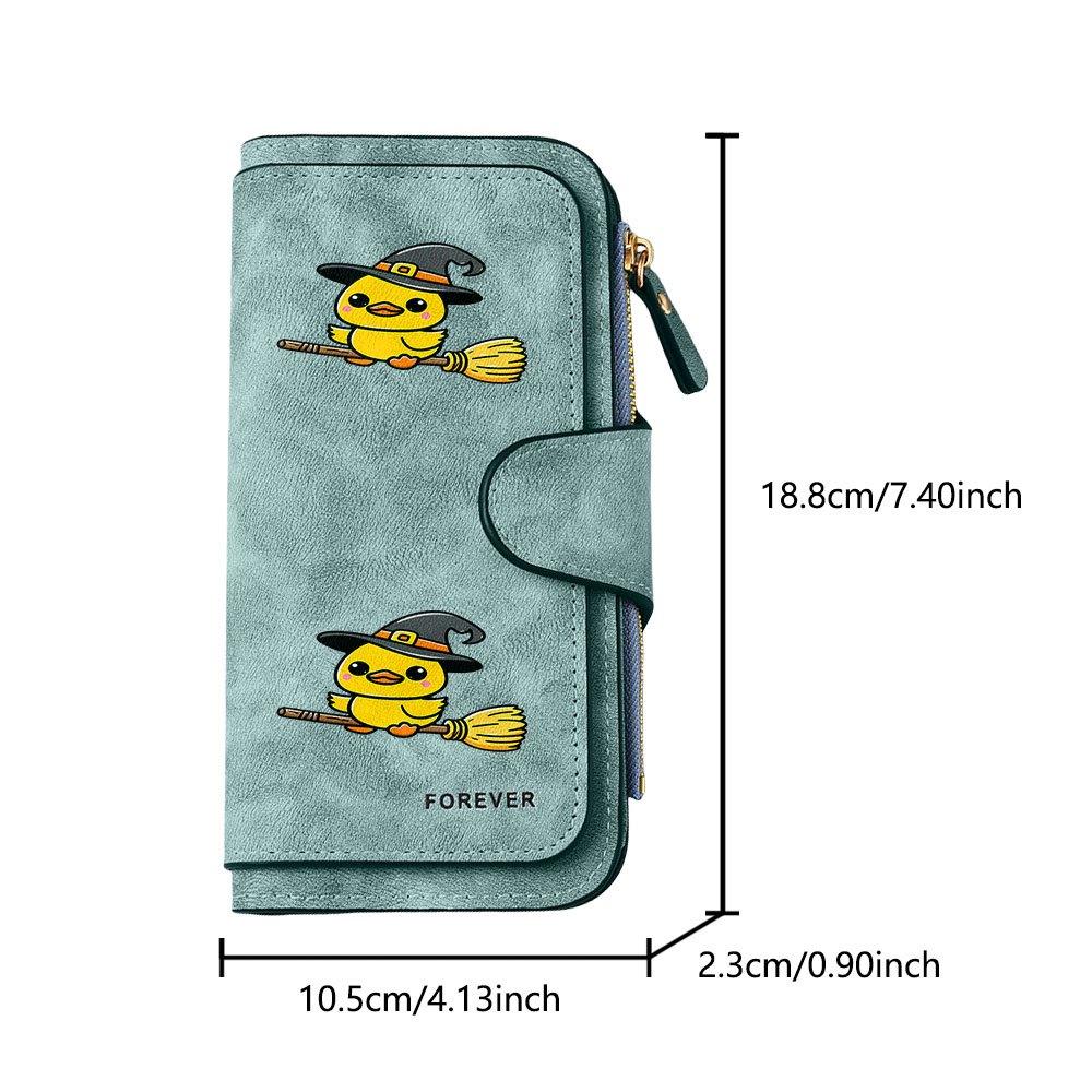 Cute Duck Witch On a Broom Print Long Wallet Multifunctional Portable Coin Purse with Clasp Large Capacity Clutch Bag Perfect for Daily Commuting