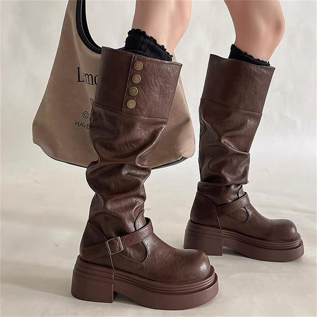 Schwarze Plateaustiefel Damen 2025 neu Merad Spice Girls Ritterstiefel Western Cowboy Stiefel