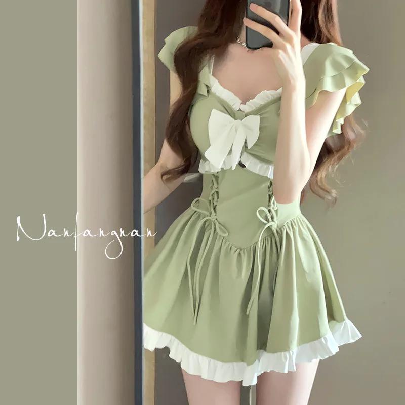 

Korea Style One Piece Swimsuit with Skirt Summer Women Front Bow Push Up Pleate Tummy Control Beach Bathing Suit Swimwear XL зелений
