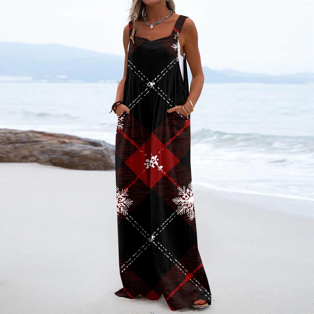 Women's Christmas Print Solid Wide Leg Strapless Tank Pocket Casual Onesie