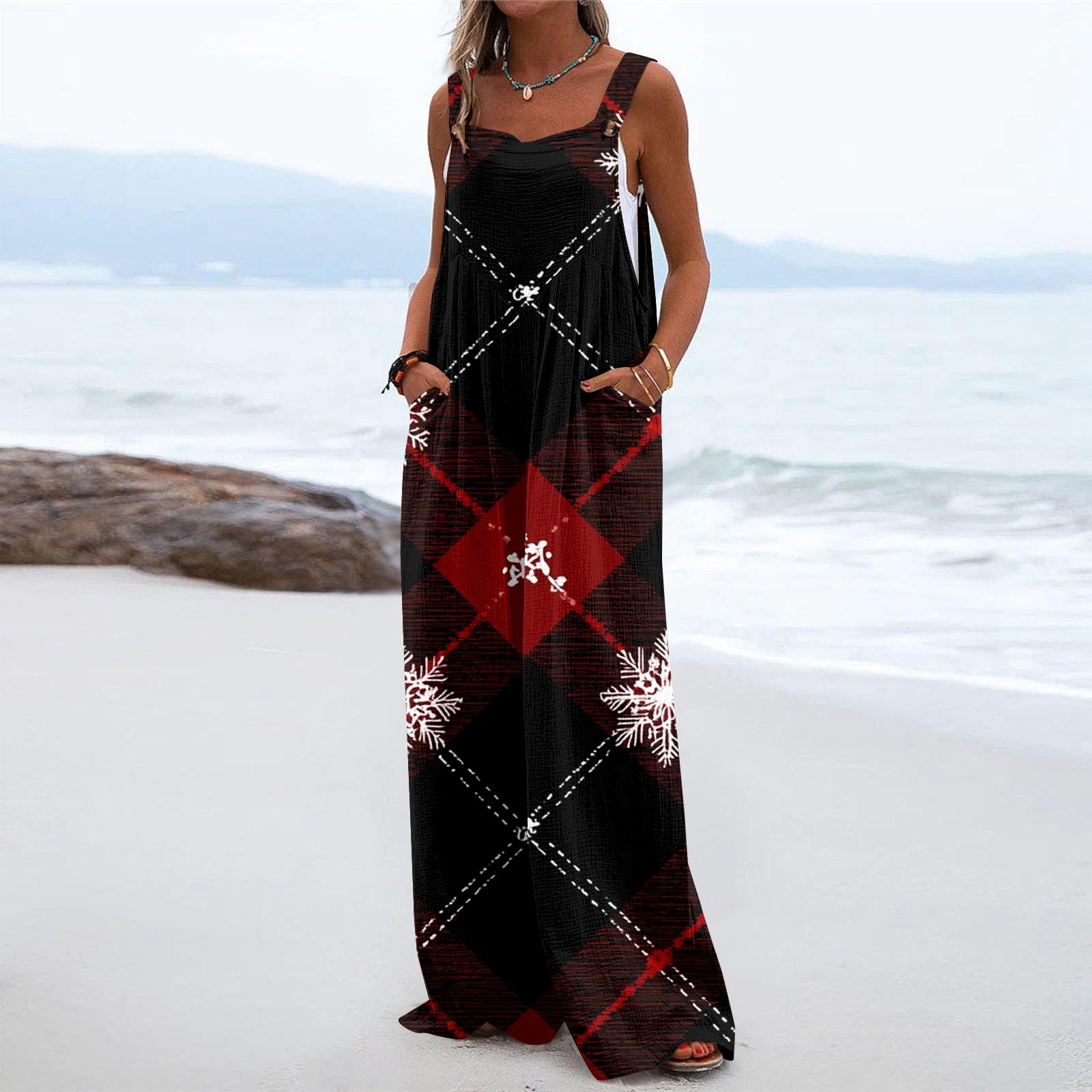 

Женский рождественский принт однотонный широкий крой без бретелек майка карман повседневный комбинезон L чёрный