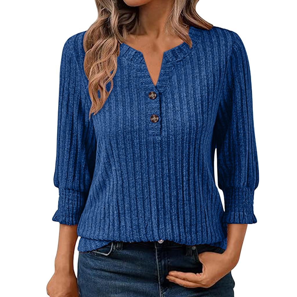 Women's Casual Top Solid Color V-neck Button Up Seven Quarter Sleeve Top