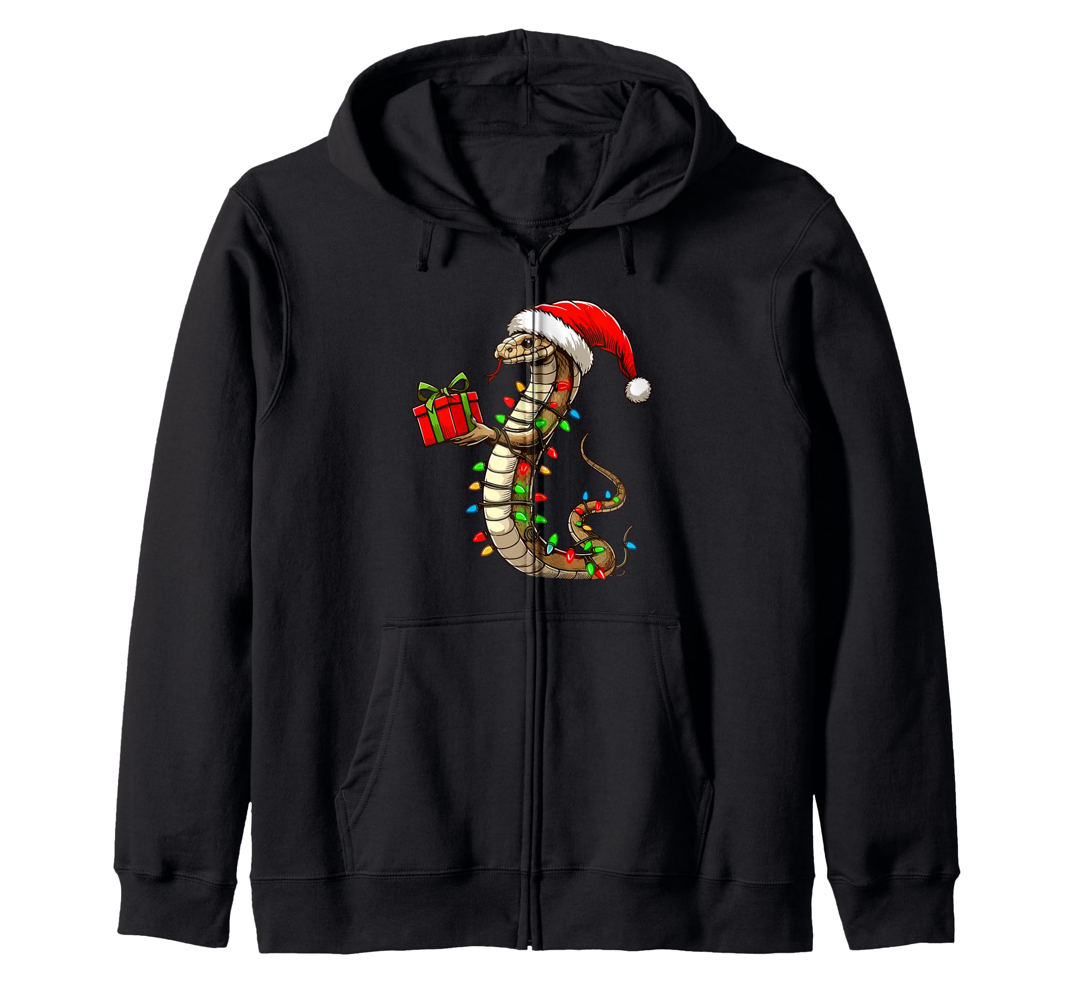 A snake wearing a Santa hat, wrapped in tangled string lights. Zip-up hoodie.