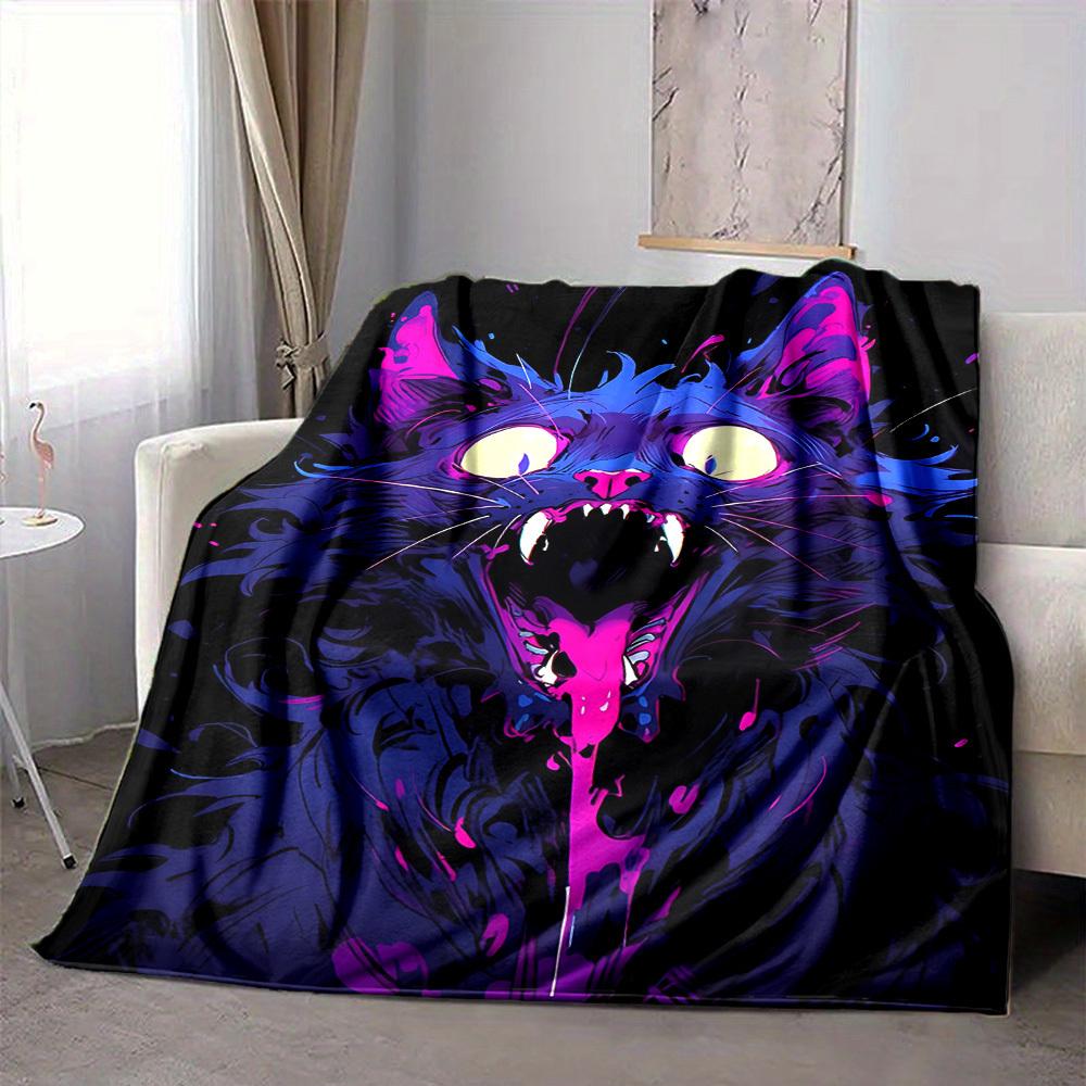 1pc Neon Kitty "Purple Purr" Blanket, Lightweight Flannel Throw Blanket For Sofa, Bed, Travel, Camping, Living Room, Office, Couch, Chair, And Bed