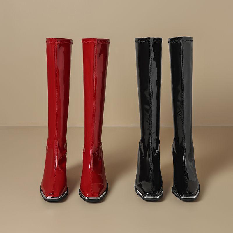 Women's Red Patent Leather Chunky Heel Boots - Autumn/Winter 2025 Collection, Metal Anti-Collision Square Toe, Elastic, Sexy Long Design.