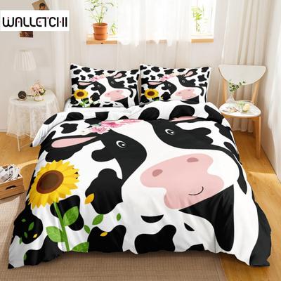 Housse de couette imprimé vache Animal Gribouillis Vache Dessin animé Agriculture Élevage Tournesol Ensemble de literie Polyester Taille Twin Queen King