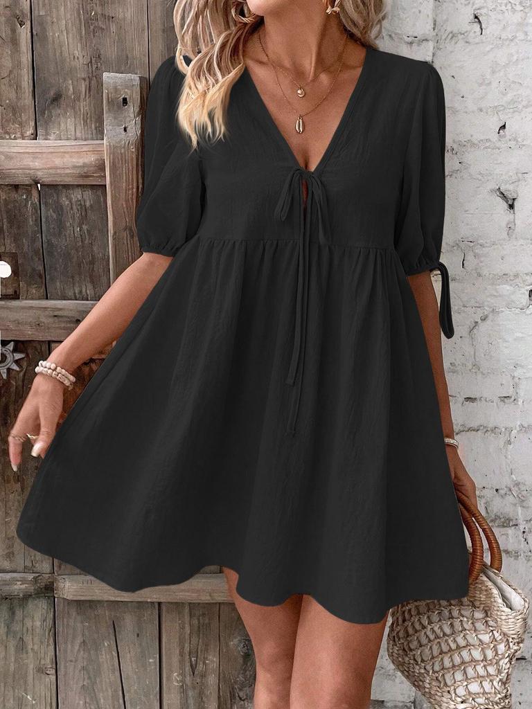 2024 Elegant Loose Woven Deep V-Neck A-Line Dress with Chest Tie