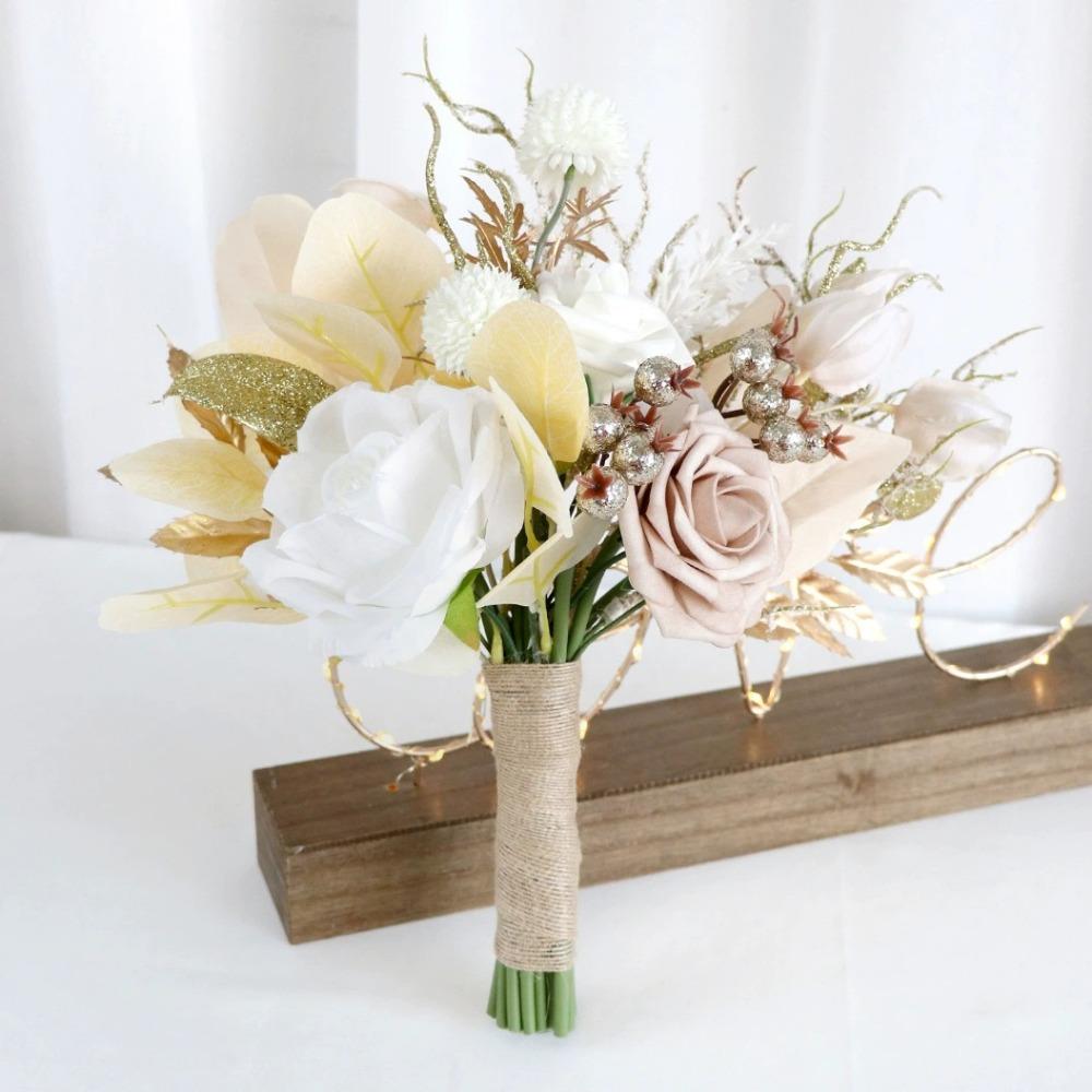 Kunstige blomster brudebukett til bruden, rustikke bryllupsbuketter til bruden Silke runde kunstige bryllupsblomster buketter