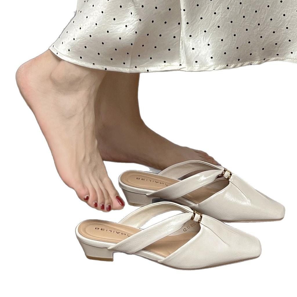 Square head half-drag Muller shoes low heels 2025 summer new square head absolute child beige wear cool slippers women