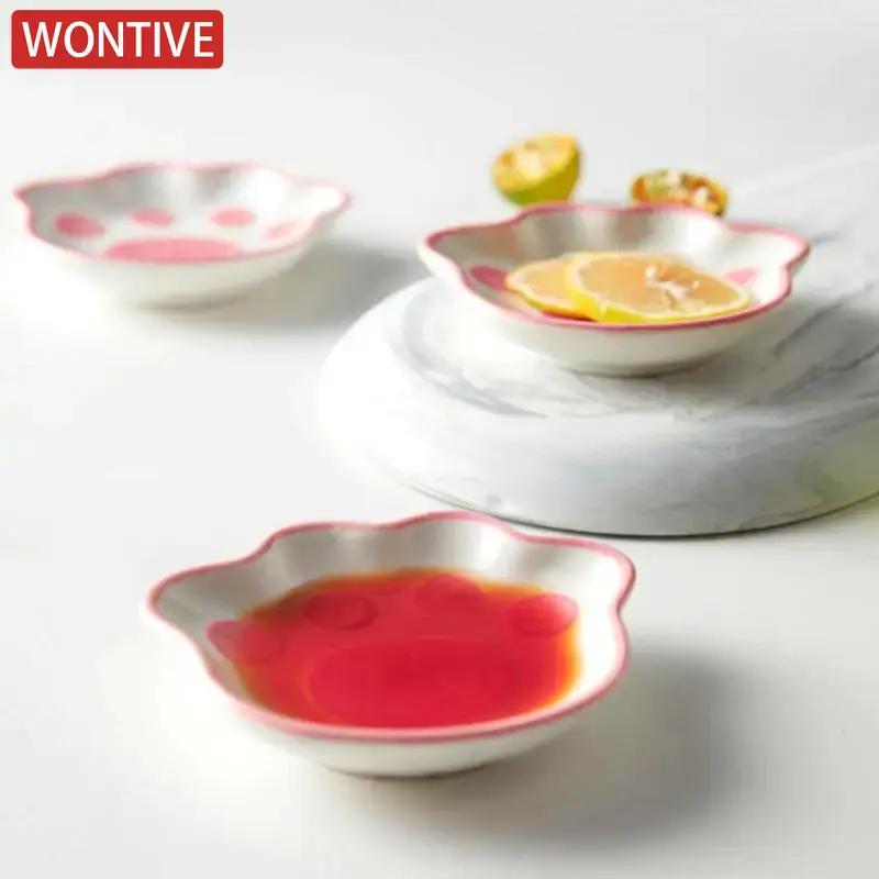 Prato de Gatinho Fofo Japonês para Degustação Cerâmica Desenho Animado Prato de Sobremesa Molheira para Soja Molho de Frutas Tigela para Tempero Pratos de Mergulho Domésticos