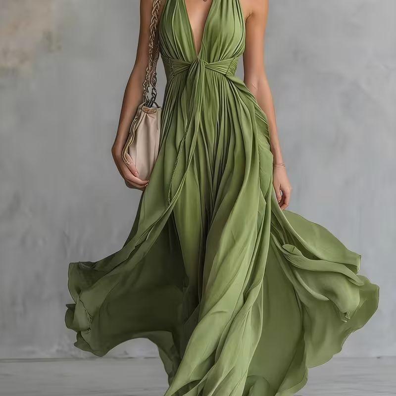 European and American women's new sexy solid color V-neck sleeveless waist dress