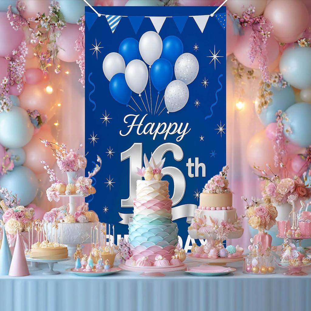 16th Birthday Door Cover 71x35 Inch Blue and Silver Birthday Banner for Party Decorations Balloon Ribbon Backdrop Sign for Boys Girls Teens Photo