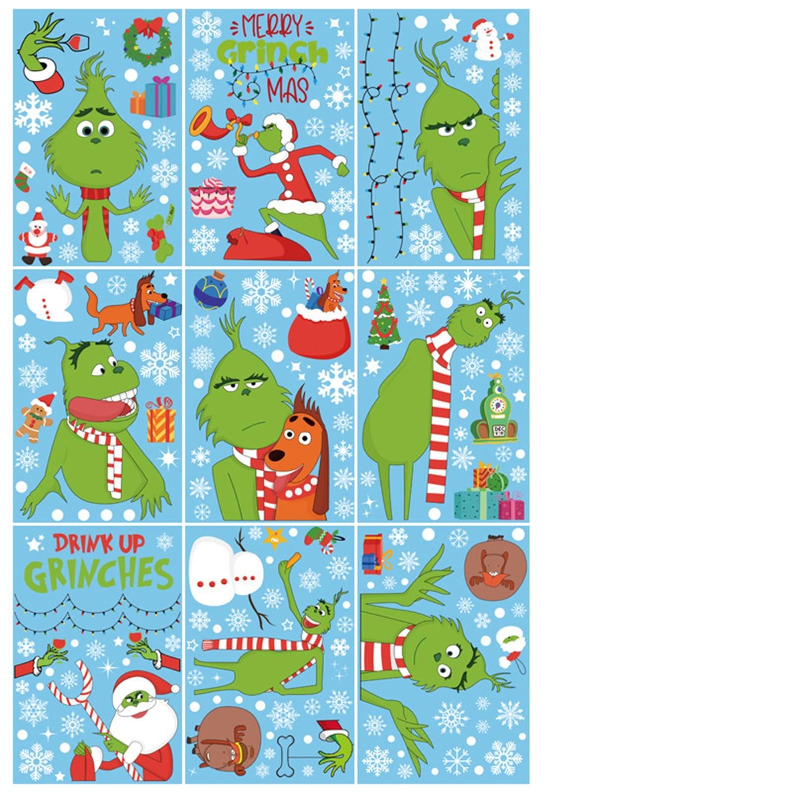 

9 шт. Рождественские креативные наклейки на окна Мультяшный Гринч / Стеклянные наклейки Украшение Оконные ПВХ Статические наклейки Наклейки на стены One Size