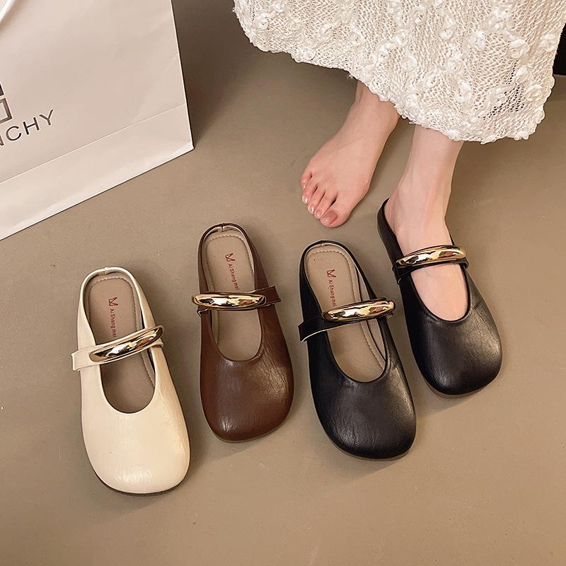 French bag head half drag single shoes women's 2025 spring and summer new metal buckle flat bottom one pedal lazy Mary Jane sandals