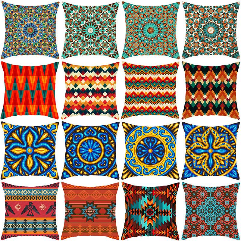 Bohemian Printed Peach Skin Velvet Pillow Cover Colorful Geometric Abstract Ethnic Style Pillow Cover