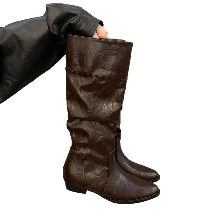 Suding Home Coarse Heel Pointed Pile Boots Long Boots Women's Shoes 2025 New Spring, Autumn and Winter Medium Tube Skinny Knight Boots