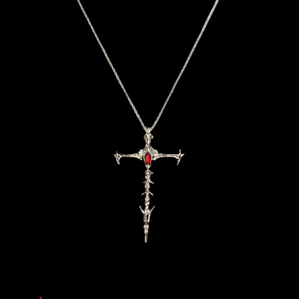 Punk Retro Inlay Red Rhinestone Sliver Color Stainless Steel Thorn Cross Sword Pendant Necklace for Women Fashion Jewelry Gift