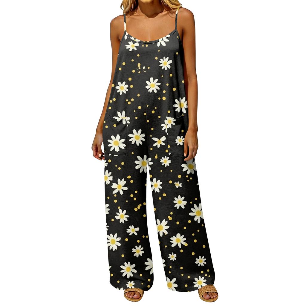 Casual Loose Fit Retro Style Women's Jumpsuit Suspender Pocketed Backless Romper Wide Leg Cotton Blend Fabric Comfortable