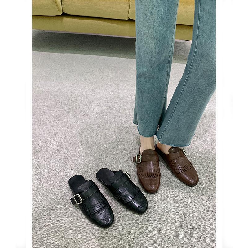 Cowhide Version Grape Mother Brock Engraved Fringed Bag Head Slippers Women's Summer Wear Flat-bottomed Retro Muller Half Slippers