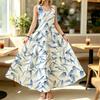 Women's Sleeveless Long Dress,Minimalist Blue White Brush Stroke,Loose Lightweight,Ideal for Beach Vacation & Daily Summer Casual Wear