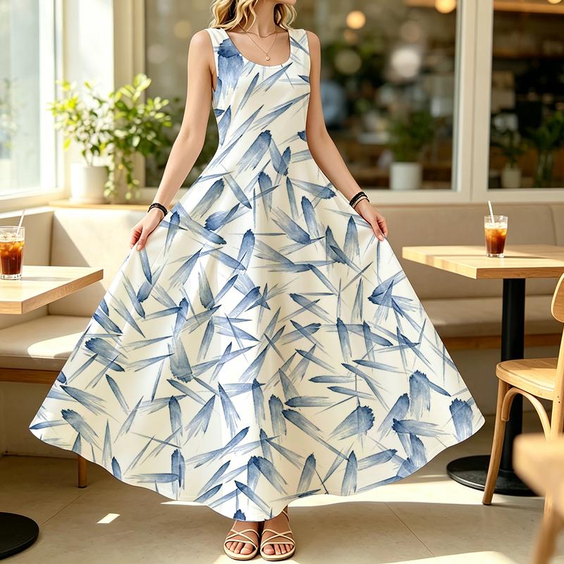 Women's Sleeveless Long Dress,Minimalist Blue White Brush Stroke,Loose Lightweight,Ideal for Beach Vacation & Daily Summer Casual Wear
