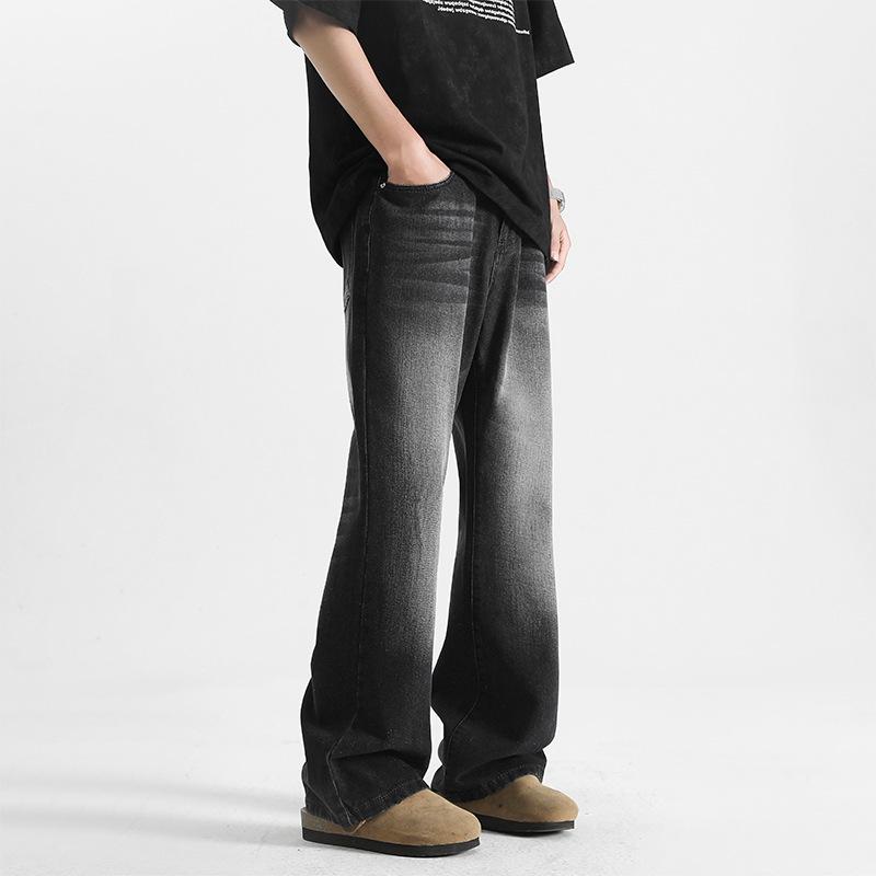 Retro Hong Kong Style Loose Straight-Leg Micro-Flare Jeans - Unisex Casual Solid Color Floor-Length Pant for Spring