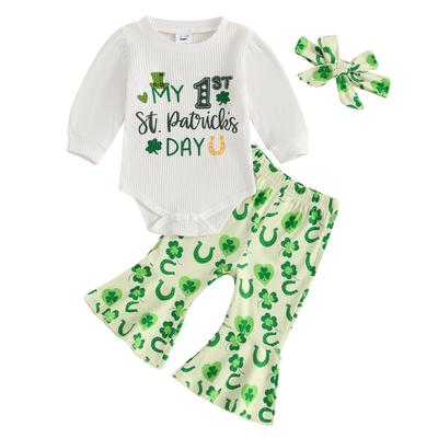 Baby Girls 3PCS Pants Sets Long Sleeve O Neck Romper Clover Print Pants Headband Sets