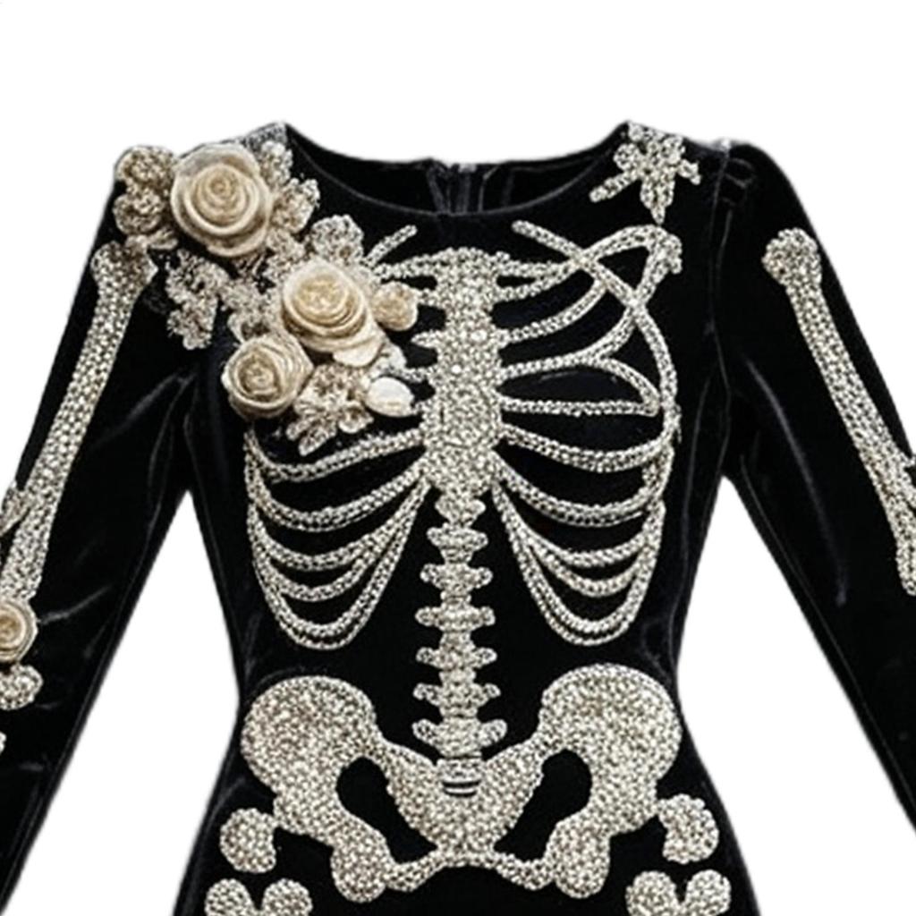 Halloween-Kleid Damen Gothic Vintage Langarm Skelett Rose Grafik Partykleid für Maskenball Rollenspiel-Event