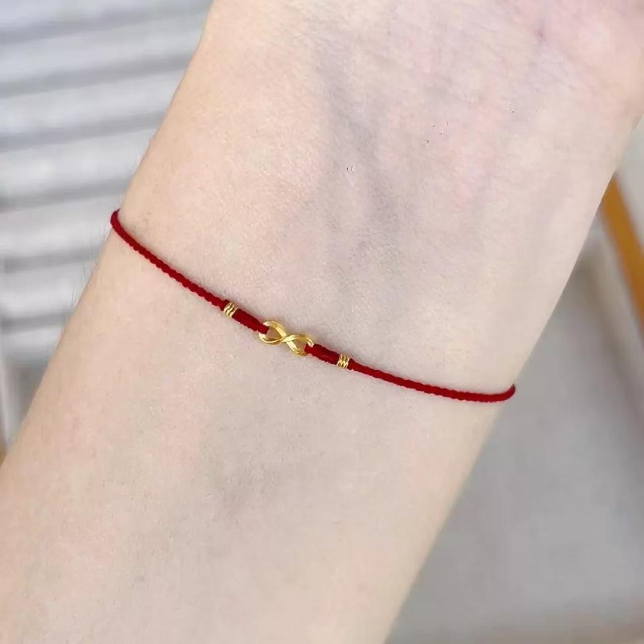 Exquisites handgewebtes Gold-Sternzeichen-Armband mit rotem Band, Glücksblume und Unendlichkeits-Schwanzverschluss für Damen. Mobius Loop - Black Rope Bracelet - Adjustable