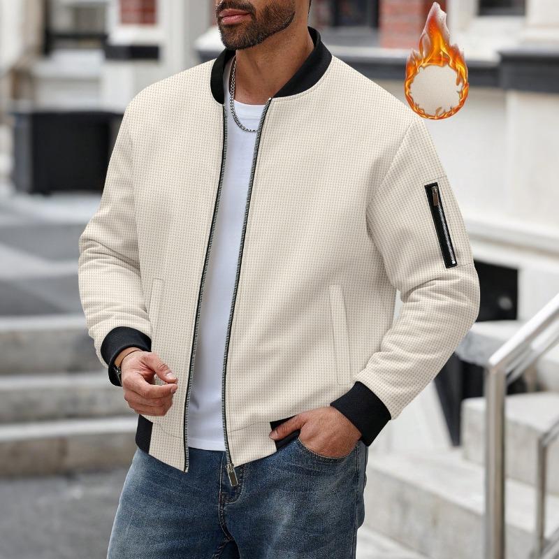 Winter New Men's Waffle Solid Color Cardigan Pocket Zipper Thickened Stand Coats Collar Jacket