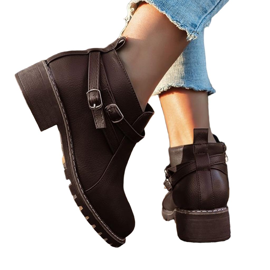 Women's Short Boots with Side Zipper, Low Heel and Belt