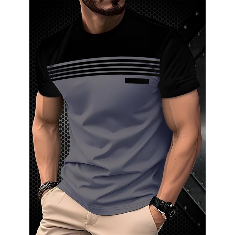 Men's Simple and Fashionable Contrasting Color T-shirt Summer Business Short Sleeved 3D Printed Top Casual Loose Daily Street Wear