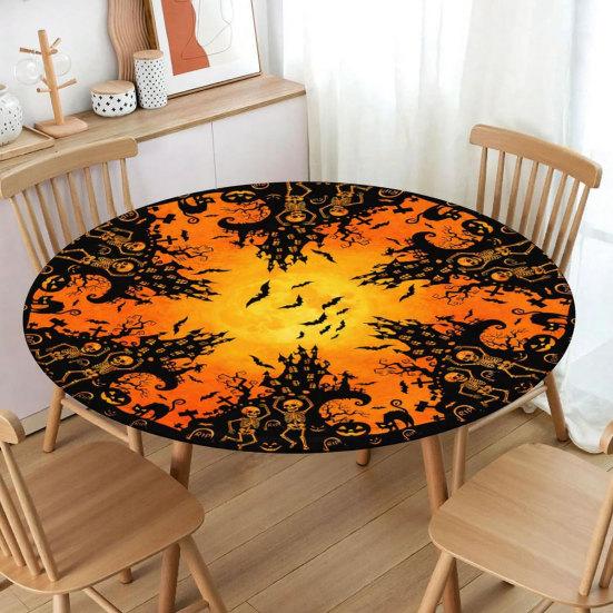 Halloween Round Tablecloth with Elastic Edge Spooky Pumpkin Skull Printed