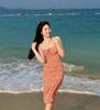 French Floral Lace-up Suspender Dress Women's Summer New Waist Thin Medium and Long Dress Red Holiday Skirt