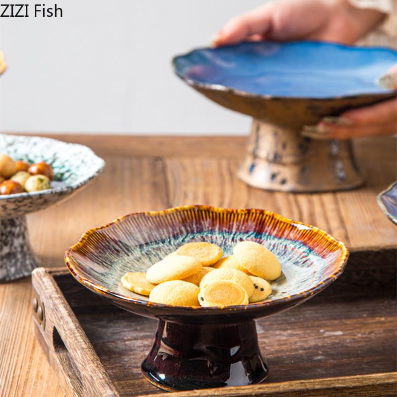 Chinese Style High Legged Dim Sum Plate Vintage Ceramic Fruit Plate Household Living Room Candy Snack Plate Kitchen Tableware