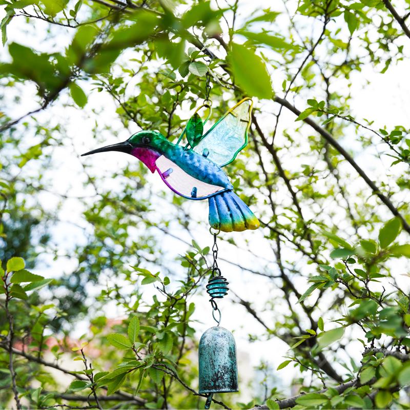 Glazed Iron Glass Hummingbird Wind Chimes Green Blue Colors Stained Glass Ornament For Window Outdoor Garden Hanging Decoration