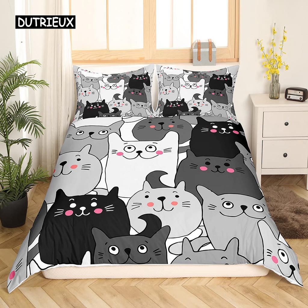 Zestaw poszewek na kołdrę z kotem Uroczy kreskówkowy zestaw pościeli dla chłopców i dziewcząt Wzór zwierzęcy Kot Królowa King Rozmiar Poliester Poszewka na kołdrę