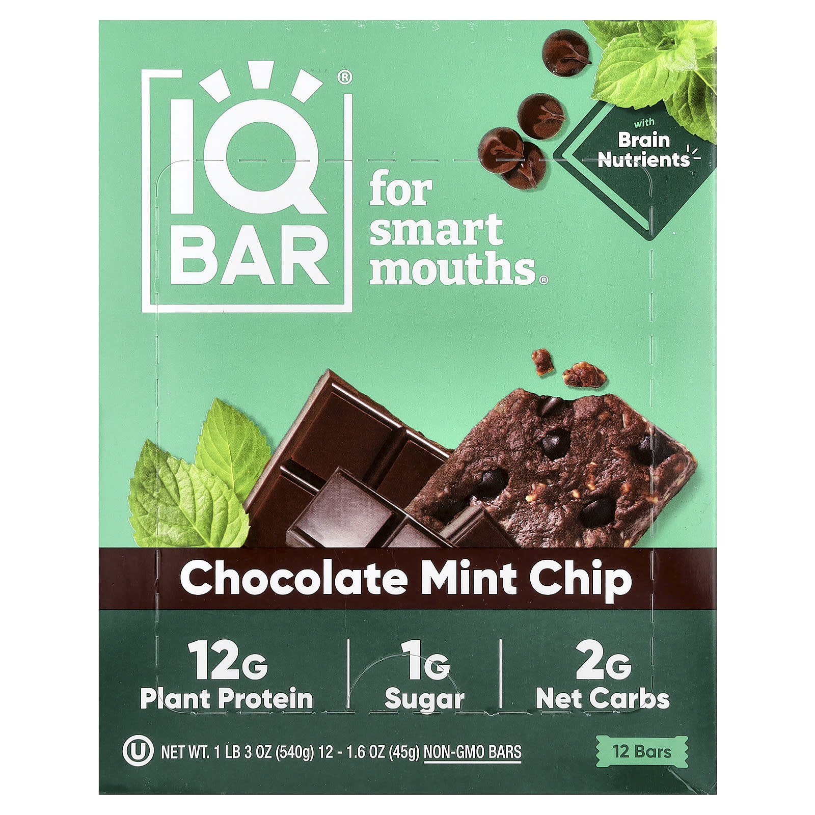 

IQBAR, Plant Protein Bar, Chocolate Mint Chip, 12 Bars, 45g (1.6oz) Each