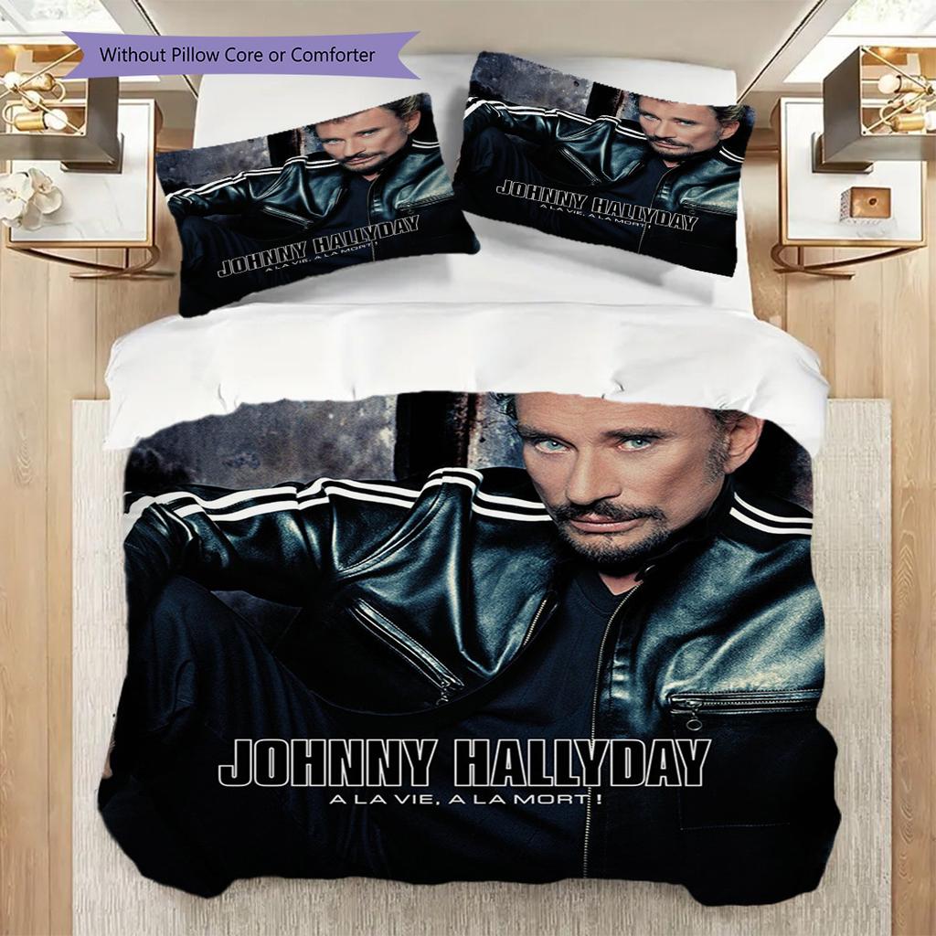 Johnny Hallyday Leben Tod Bettwäsche (1 Bettbezug + 2 Kissenbezüge, ohne Füllung) 2D flaches Weihnachts-Geburtstagsgeschenk Bettbezug und Kissenbezug