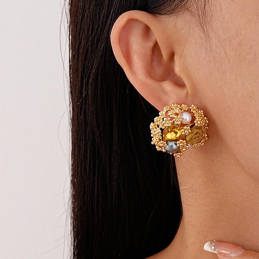 Vintage Metallic Rhinestone & Faux Pearl Flower Sterling Silver Stud Earrings - French Court Style for Women