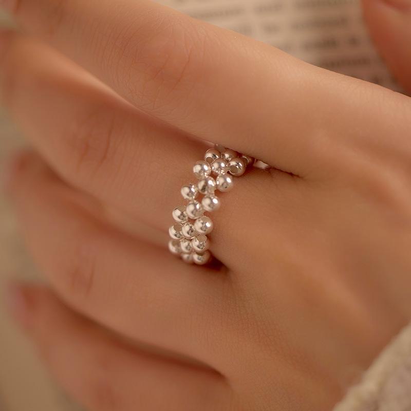 Banyan Tree S925 Silver Handmade Korean Style Elastic Plain Bead Ring for Women