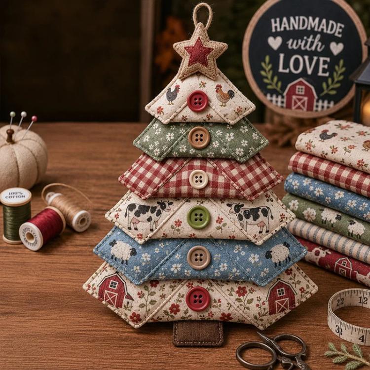 Layered Fabric Tree Ornament DIY Sewing Kit with Button