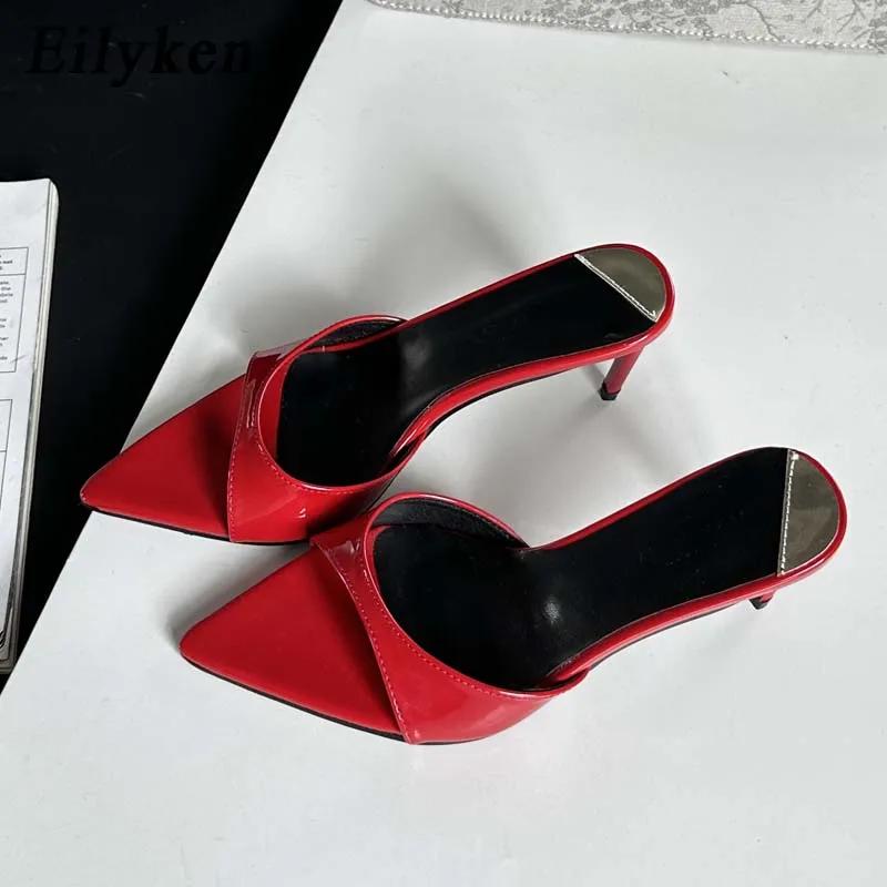 Fashion Eilyken 2025 New Summer Shallow Pointed Toe Thin High Heels Women Slippers Wedding Sandals Fashion Mule Slides Shoes